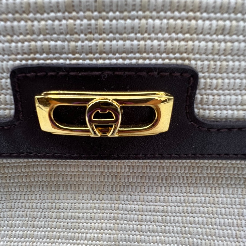 Etienne Aigner Shoulder Bag Small Cream Brown Woven Leather Turn-Lock VTG 80s - Picture 7 of 14